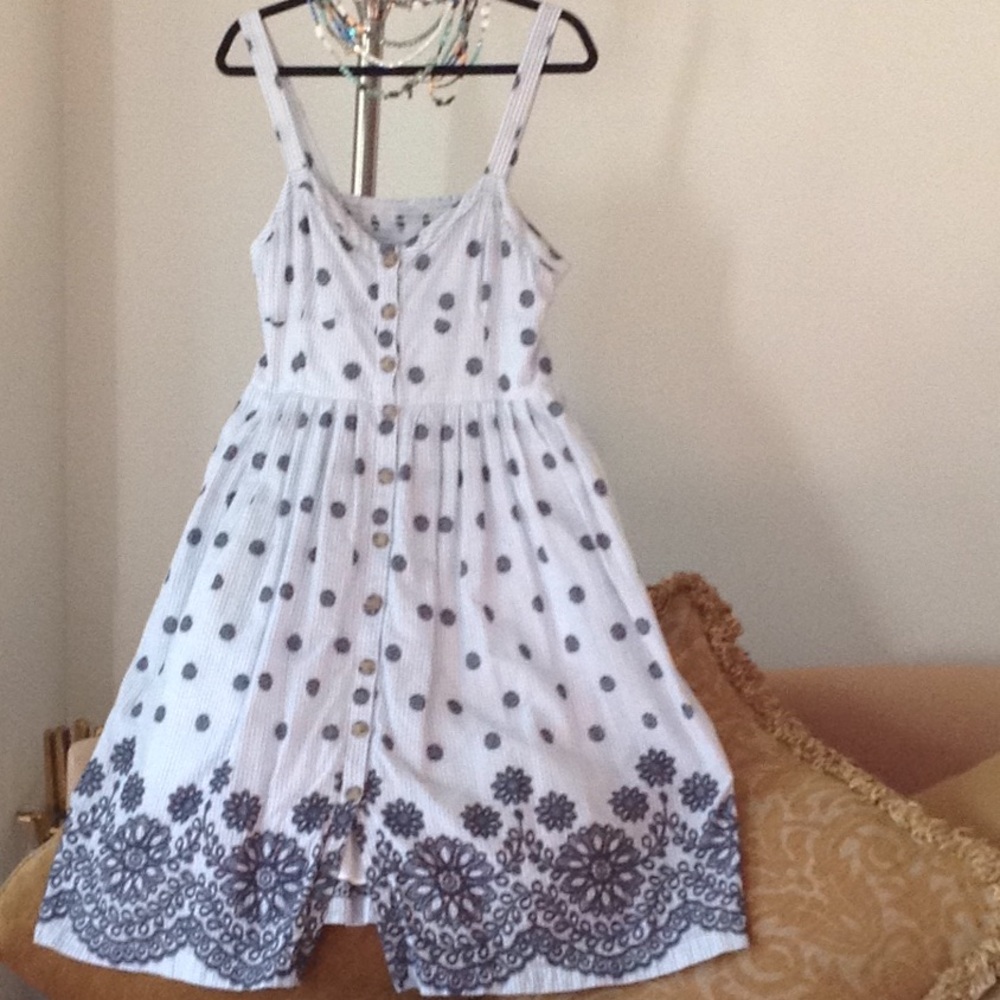 Maeve White Dress with Black Dot & Border Embroidery